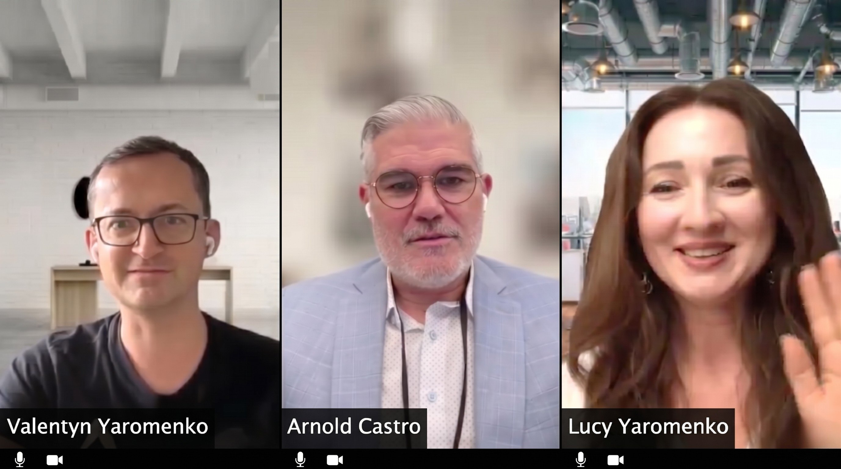 Valentyn Yaromenko, Arnold Castro, and Lucy Yaromenko at Sales OStin online session, May 2026