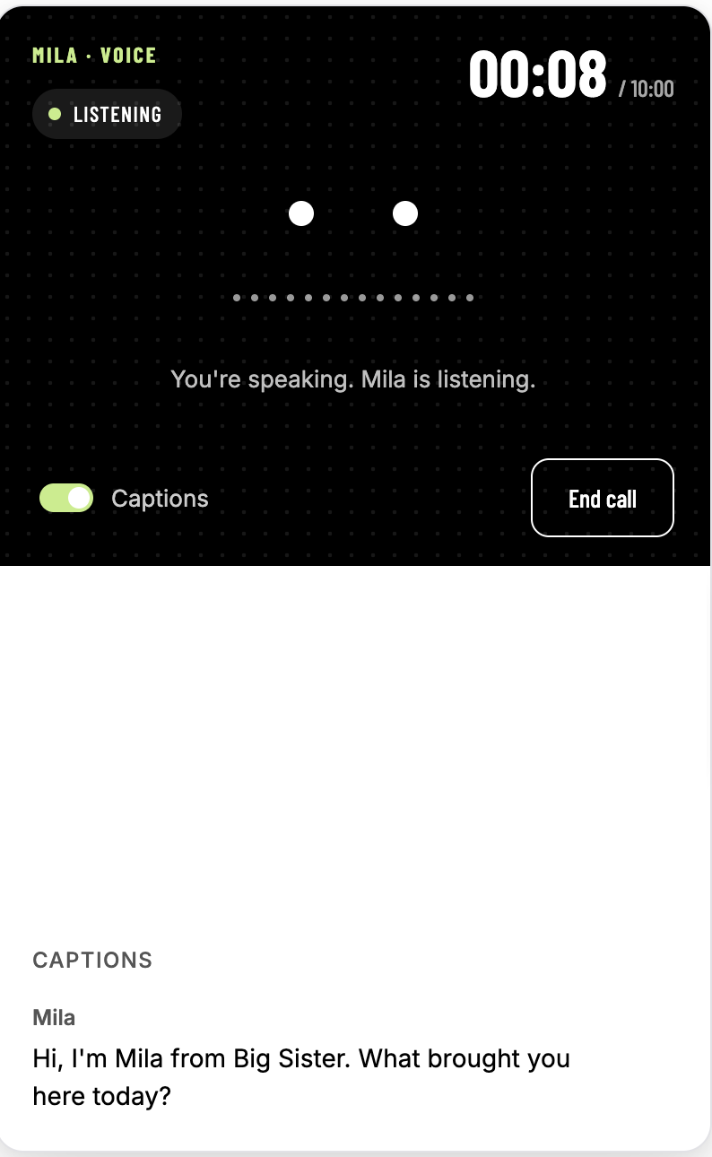 Mila's voice panel on big-sister.ai: a listening state, a call timer and live captions