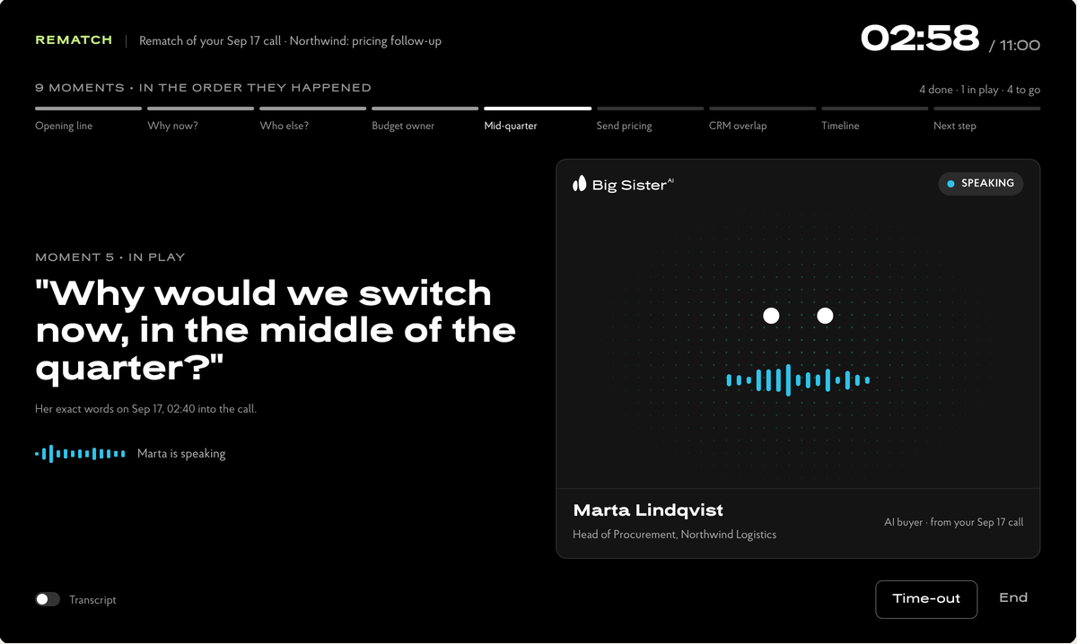 Rematch screen: the AI buyer speaks a moment from the call while a timeline shows nine moments in the order they happened
