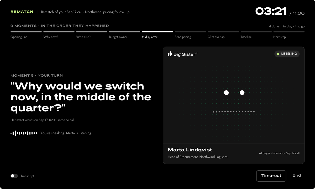 Rematch screen: the buyer is listening while the rep answers out loud